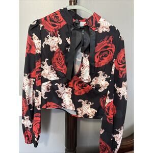 Shein Women's Blouse Shirt Top Size M Medium Red Black White Long Sleeve